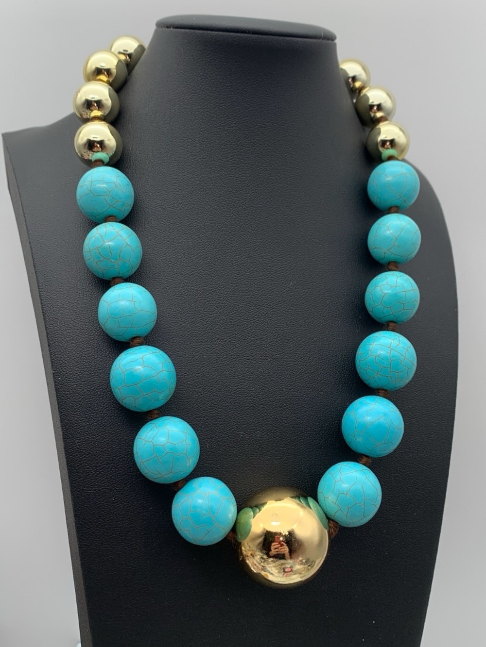 Chunky Turquoise Dyed Howlite stone Bead Statement Necklace w Gold tone Accent
